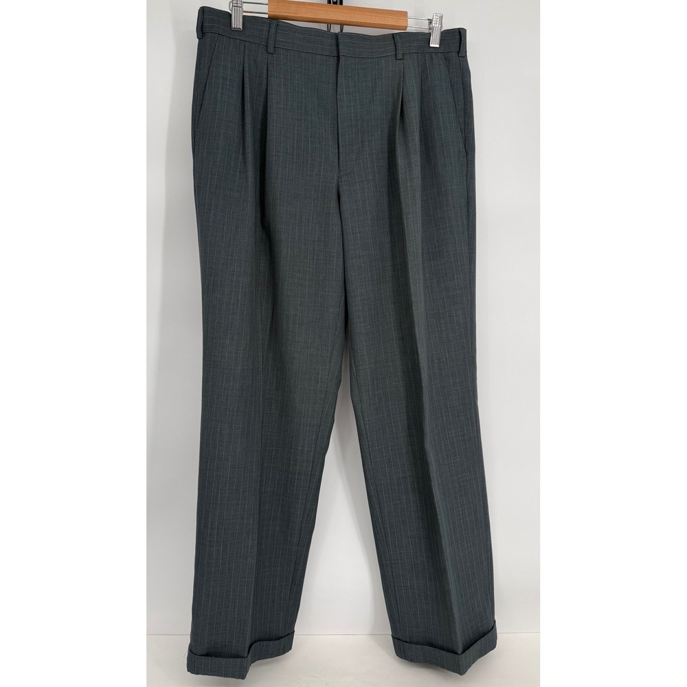 Perry Ellis Mens Sz 34x32 Charcoal Gray Pinstripe Pleated Cuffed Dress Pants